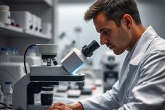 Scientist in a lab examining a sample under a microscope. The image shows a man in a white lab coat, focused on research within a modern, brightly lit laboratory setting. Blue and white tones dominate, highlighting scientific equipment and a professional research environment.