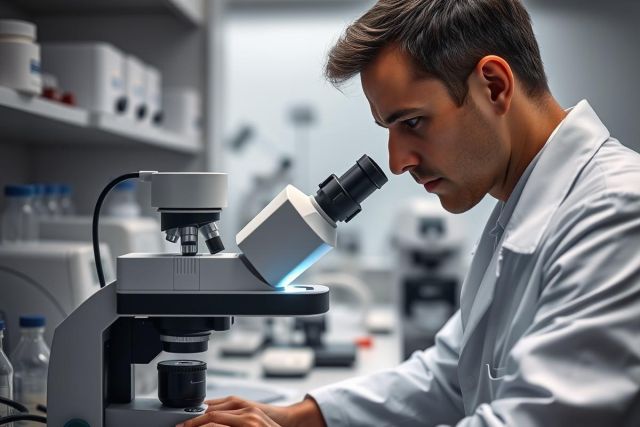 Scientist in a lab examining a sample under a microscope. The image shows a man in a white lab coat, focused on research within a modern, brightly lit laboratory setting. Blue and white tones dominate, highlighting scientific equipment and a professional research environment.