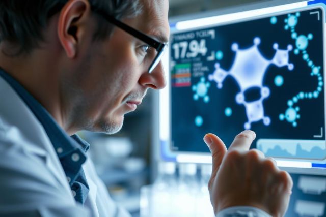 Scientist examining microscopic images on a monitor, likely analyzing cells or microorganisms. The scene conveys research, science, and medical investigation in a lab setting.