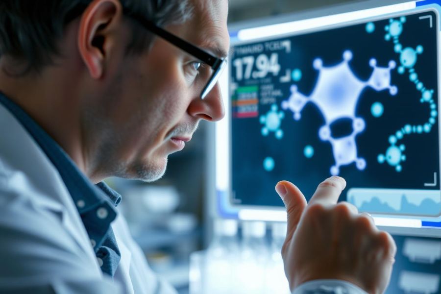 Scientist examining microscopic images on a monitor, likely analyzing cells or microorganisms. The scene conveys research, science, and medical investigation in a lab setting.