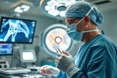 Surgeon in a modern operating room preparing for hip surgery. The image shows a medical professional in blue scrubs and mask, examining surgical instruments with an X-ray of a hip joint displayed on a monitor. Bright, sterile environment with focused lighting.