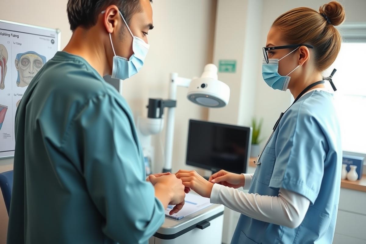 Two medical professionals, a man and a woman, both wearing blue scrubs and surgical masks, are standing in a well-lit room with white walls. They appear to be engaged in a discussion or consultation related to patient care or treatment.