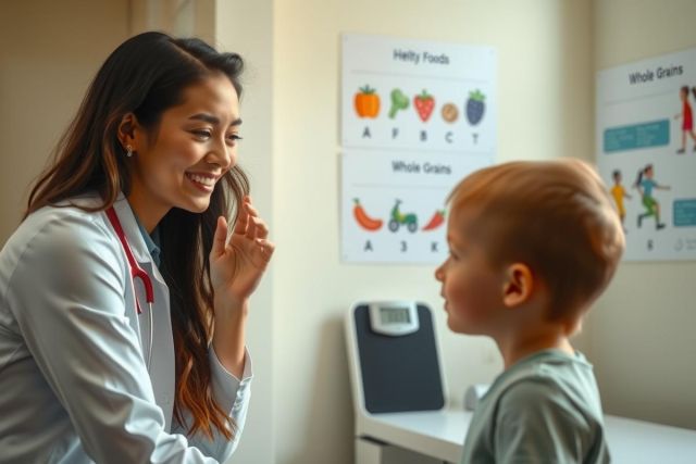 A doctor examines a young boy during a checkup in a medical office. The doctor wears a white coat and the room has medical equipment. Focus on pediatric healthcare and child wellness.