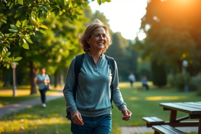 A woman walking in the park, enjoying a sunny day. She is wearing a grey top and carrying a backpack. The environment includes trees and benches, with other people visible in the background, indicating an active public space.