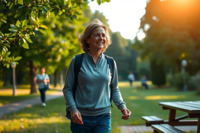A woman walking in the park, enjoying a sunny day. She is wearing a grey top and carrying a backpack. The environment includes trees and benches, with other people visible in the background, indicating an active public space.