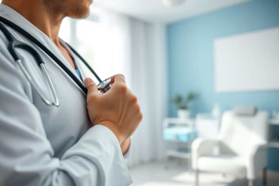 Doctor in a light blue examination room using a stethoscope to listen to a patient's heart. Healthcare professional in a white coat, medical setting, diagnostic checkup. Focus on clinical care and patient health.