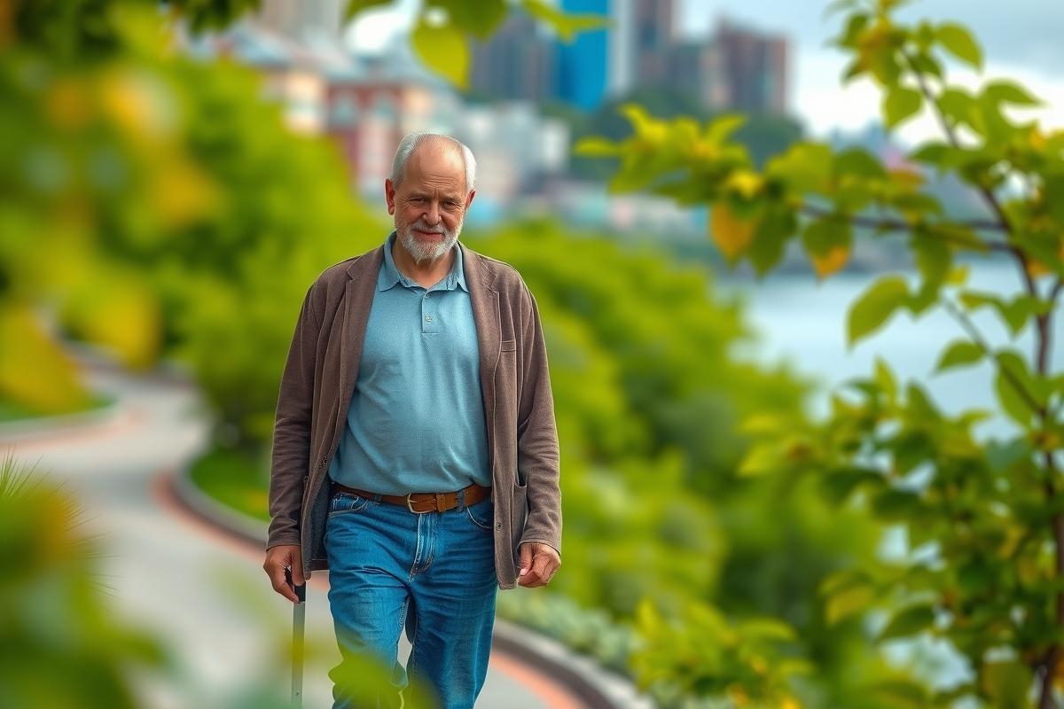 The image shows an older man walking along a path through a lush green environment. He appears to be in a relaxed posture with his hands by his side, suggesting a leisurely stroll. The surrounding area is densely vegetated with trees and shrubs, indicating a location close to nature or perhaps a park or forest setting. There are no other people visible in the image, emphasizing the solitude of the man's walk. The colors in the image are vibrant with natural greens dominating the scene due to the foliage.
