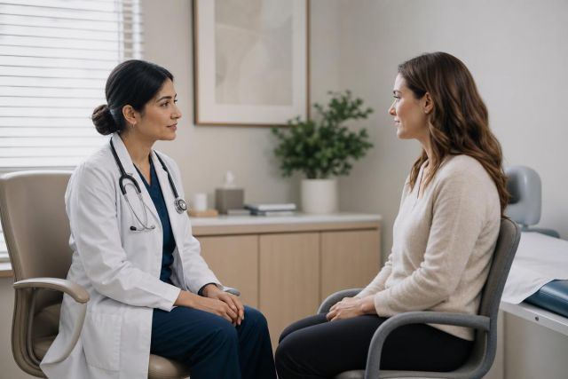 Doctor consulting with a patient in a calm clinic exam room, discussing treatment options.