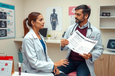 The image shows an indoor medical office setting with two people dressed in medical scrubs. One person is sitting at a desk, presumably in front of a computer, while the other is sitting across from them and appears to be handing them a document or folder.