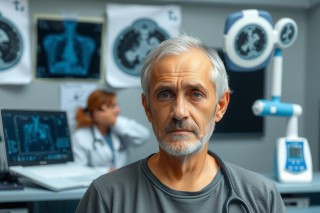 The image shows a man seated in a medical setting, possibly an MRI or CT scan room. He appears to be undergoing a health examination, as indicated by the medical equipment and personnel in the background. The man is looking directly at the camera with a serious expression. The environment is sterile and clean, typical of a clinical environment. There are various medical posters and diagrams visible on the wall behind him, suggesting that this is a specialized healthcare facility.