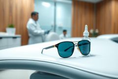 Stylish sunglasses and eye drops on a white surface, likely in an optometry or eye care setting. Blurred background shows lab professionals and equipment. Blue and silver tones dominate, suggesting vision health and protection.