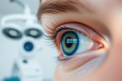 Close-up of a vibrant blue and green eye with detailed eyelashes, set against a blurred medical background featuring surgical lights. The image highlights ophthalmology, eye care, and medical examination themes with a focus on clear vision and eye health. 