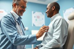 Doctor examining patient in a modern clinic. A smiling male doctor with a stethoscope checks a male patient's chest during a medical consultation. Blue walls and healthcare environment convey a professional medical setting.