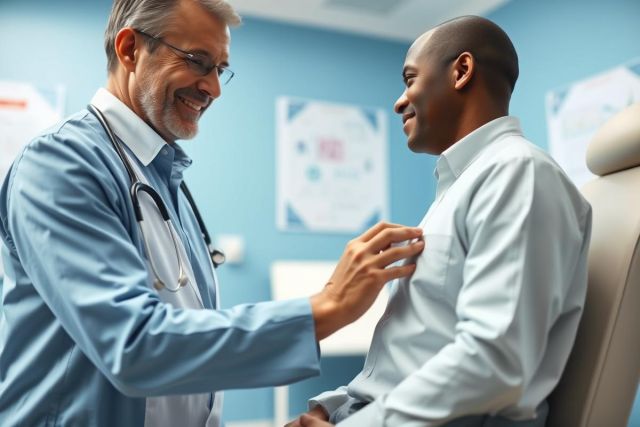 Doctor examining patient in a modern clinic. A smiling male doctor with a stethoscope checks a male patient's chest during a medical consultation. Blue walls and healthcare environment convey a professional medical setting.