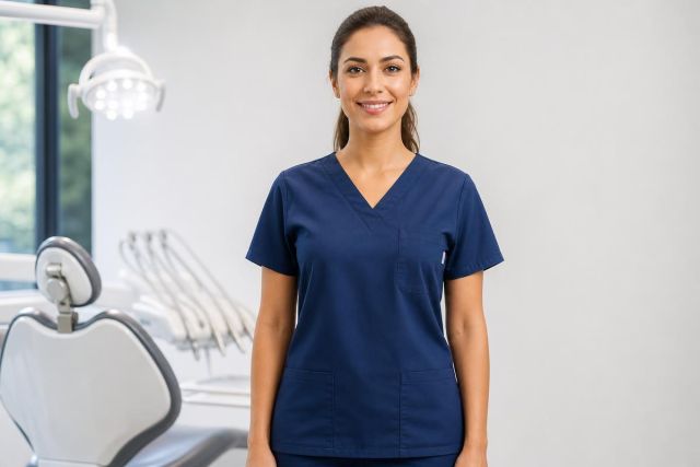 Dental clinician standing in modern treatment room, chair and overhead light visible.