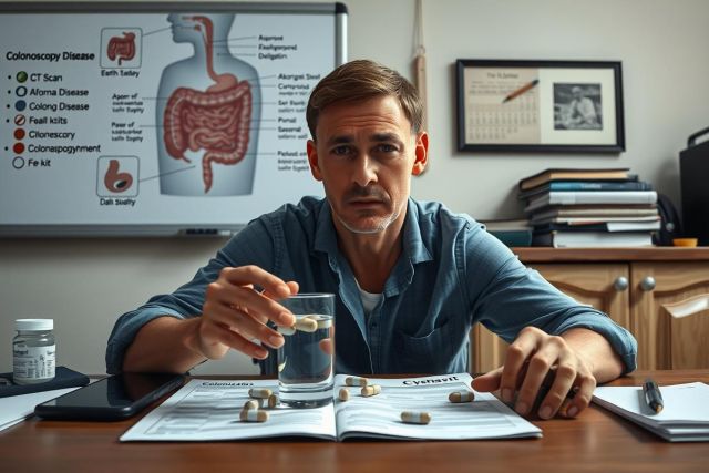 The image portrays a scene set in an office or lab environment. A man is seated at a desk, holding a glass of water with one hand and what appears to be a capsule or pill with the other. 