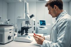 Scientist in a modern laboratory examining a blood sample under a microscope. White and gray tones dominate the sterile environment, with medical equipment visible. Focus on research and healthcare.