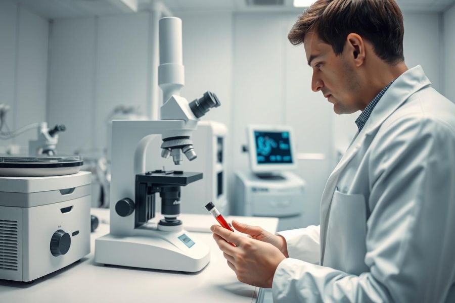 Scientist in a modern laboratory examining a blood sample under a microscope. White and gray tones dominate the sterile environment, with medical equipment visible. Focus on research and healthcare.