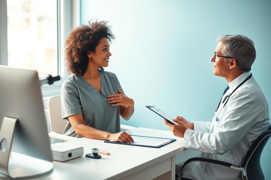 Doctor and patient consultation in a bright, modern medical office. A female healthcare worker speaks with a male doctor, reviewing a tablet. Blue walls and a computer monitor create a professional healthcare setting. Focus on patient care and medical consultation.