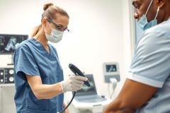 Doctor examining a patient with ultrasound device in medical office. Healthcare professional wearing blue scrubs and mask. Patient in white shirt. Diagnostic imaging equipment visible.