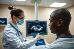 Doctor shows ultrasound image to patient. Healthcare professional in white coat and mask examines a patient using ultrasound technology in a medical setting. Focus on medical diagnosis and patient care.