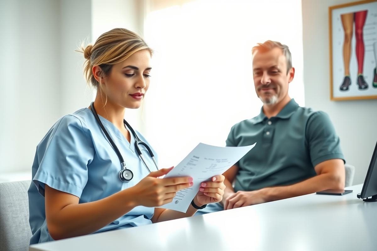Doctor examines patient's medical chart in a clinic setting. The healthcare professional wears a blue scrubs and stethoscope while reviewing documents with a male patient. A picture of legs is visible on the wall.
