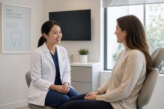 Dentist consulting with patient in bright treatment room, discussing dental care and treatment plan.
