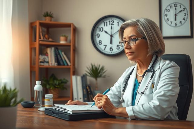 The image depicts a professional setting with an elderly woman, who appears to be a doctor, sitting at a desk in an office. She is dressed in a white lab coat and glasses, suggesting she may be a medical professional. 