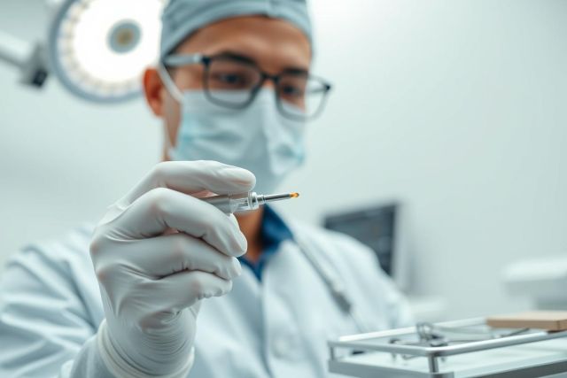 Doctor in surgical scrub cap and mask holds a dental tool in a sterile, bright operating room. Focus on the instrument, suggesting dental procedures or medical treatment. Cool blue and white tones dominate the scene.