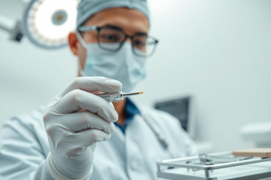 Doctor in surgical scrub cap and mask holds a dental tool in a sterile, bright operating room. Focus on the instrument, suggesting dental procedures or medical treatment. Cool blue and white tones dominate the scene.