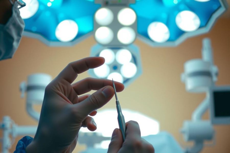 Close-up of a surgical procedure. A medical professional holds surgical instruments in an operating room setting, illuminated by bright overhead lights. Focus on precision and medical care.