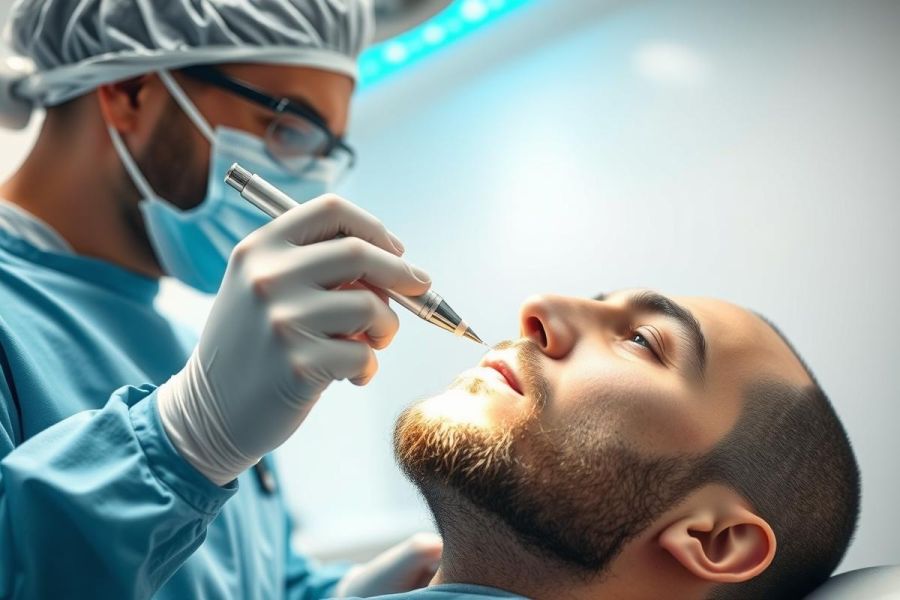 Close-up of a medical procedure, likely rhinoplasty. A surgeon in blue scrubs and mask uses a specialized tool on a patient's nose. Sterile, bright white environment with modern medical lighting. Focus on precision and cosmetic surgery.