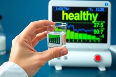 An image featuring a person's hand holding a small test tube near a health monitoring device. The device displays a graph and text related to 'HEALTHY'. The environment suggests a clinical or medical setting with blue walls.