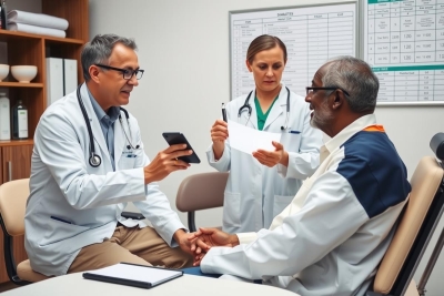 The image depicts a medical setting with three people. On the left, a man in an operating room gown holds a phone and points to a patient seated opposite him.