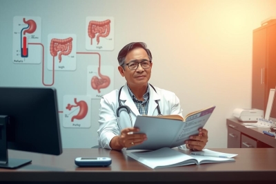The image shows a medical doctor in his office. He is sitting at a desk with various medical equipment and books around him, suggesting he's engaged in work or reading medical materials. The environment is professional, likely an examination room or a clinic.
