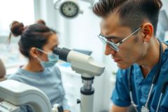 Two healthcare professionals in blue scrubs and a mask examine a microscope in a bright lab setting. Focus is on a male doctor peering through the lens, indicating scientific research or diagnostics.
