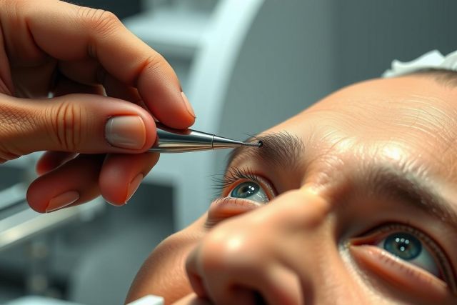 Close-up of a person receiving eyebrow threading. A beauty treatment is being performed with a precise tool, highlighting detail and focus on skincare and aesthetics. The image features a neutral background and emphasizes the eye area.