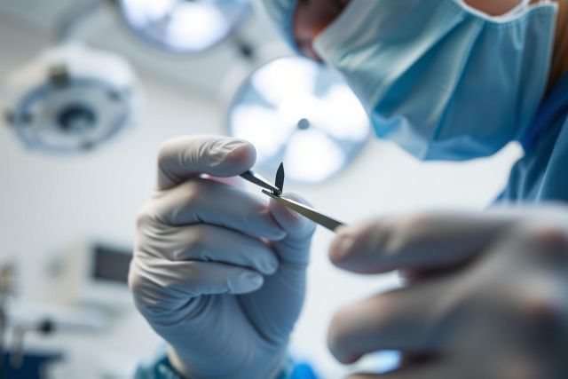 Close-up of a surgeon's gloved hands performing a delicate surgical procedure in an operating room. Bright surgical lights illuminate the scene. Focus is on surgical instruments, showcasing precision and medical expertise. Blue surgical mask and gown are visible. Healthcare, surgery, medical procedure.