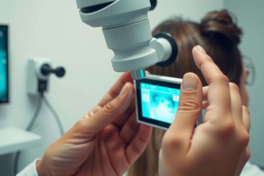 Medical professional using a handheld device to examine a patient's eye. Close-up view in a clinical setting with white walls and equipment. Focus on eye health and diagnostic procedures.