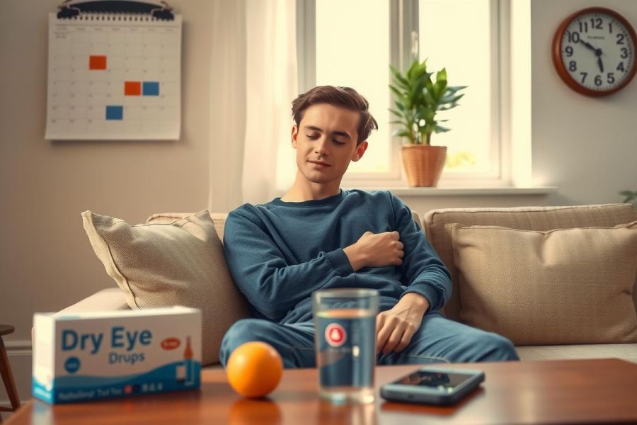 The image shows a young man sitting on a sofa in a cozy living room. He is wearing casual clothing and has his hand gently placed on his chest, possibly indicating relaxation or contemplation. In front of him on the coffee table, there are various personal items including a bottle of eye drops, suggesting he might be taking care of his eyesight or health in general. 