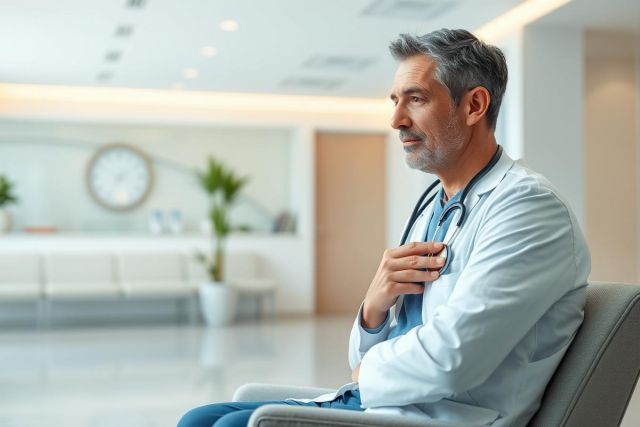 Thoughtful male doctor in a white coat and stethoscope sits in a modern, bright hospital waiting area. The image conveys healthcare, medical professionals, and a calm, clean environment. Neutral colors and natural light create a professional atmosphere.