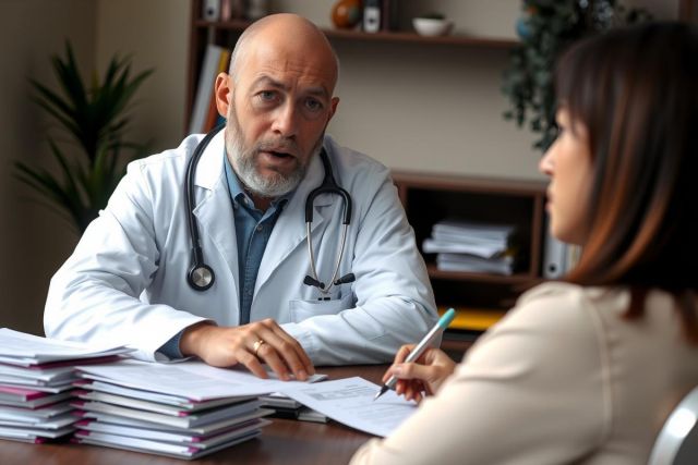 A medical professional sitting at a desk with paperwork and examining a patient who is seated across the desk, likely discussing health concerns or treatment.
