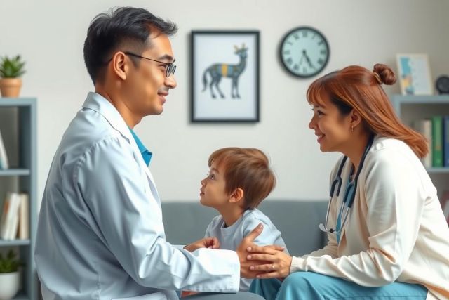 The image portrays a tender scene in a home setting. A doctor, identifiable by the stethoscope around their neck, is engaging with a patient, who appears to be a nurse due to her uniform. They are smiling and sharing a light-hearted moment, indicating a positive interaction or conversation. The room has warm colors, creating an inviting atmosphere. 