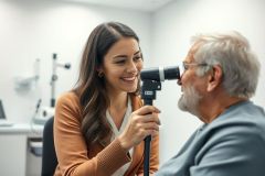 Optometrist examining an elderly patient's eyes in a bright, modern clinic. The scene features a young woman using an ophthalmoscope, creating a healthcare setting focused on eye care and vision testing. Warm tones and a professional atmosphere are evident.