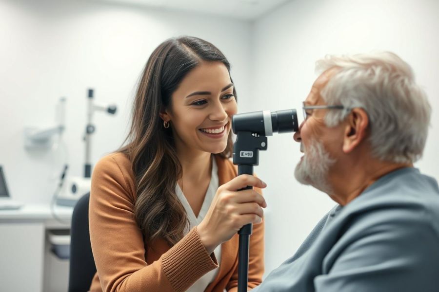 Optometrist examining an elderly patient's eyes in a bright, modern clinic. The scene features a young woman using an ophthalmoscope, creating a healthcare setting focused on eye care and vision testing. Warm tones and a professional atmosphere are evident.