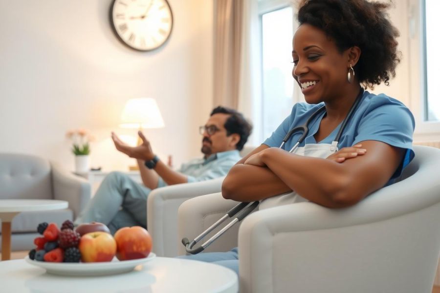 A healthcare professional, wearing a blue scrubs and stethoscope, speaks with a patient in a bright living room setting. Fruit sits on a table nearby, conveying a caring and comfortable environment.
