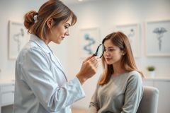 Doctor examining a patient's eye with a handheld magnifier in a bright, modern medical office. The scene features a female doctor in a white coat and a female patient, both with warm skin tones, set against a backdrop of neutral colors and medical artwork. Represents eye care, medical examination, and healthcare services.