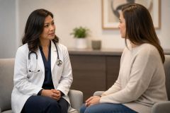 Doctor in white coat consulting a patient in a calm clinic setting, seated and attentive.