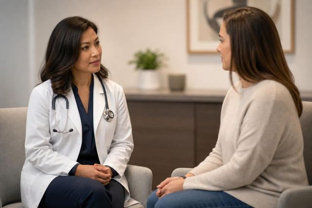 Doctor in white coat consulting a patient in a calm clinic setting, seated and attentive.