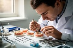 Dentist carefully adjusting a full-arch dental model with precision tools, planning prosthetic tooth placement.